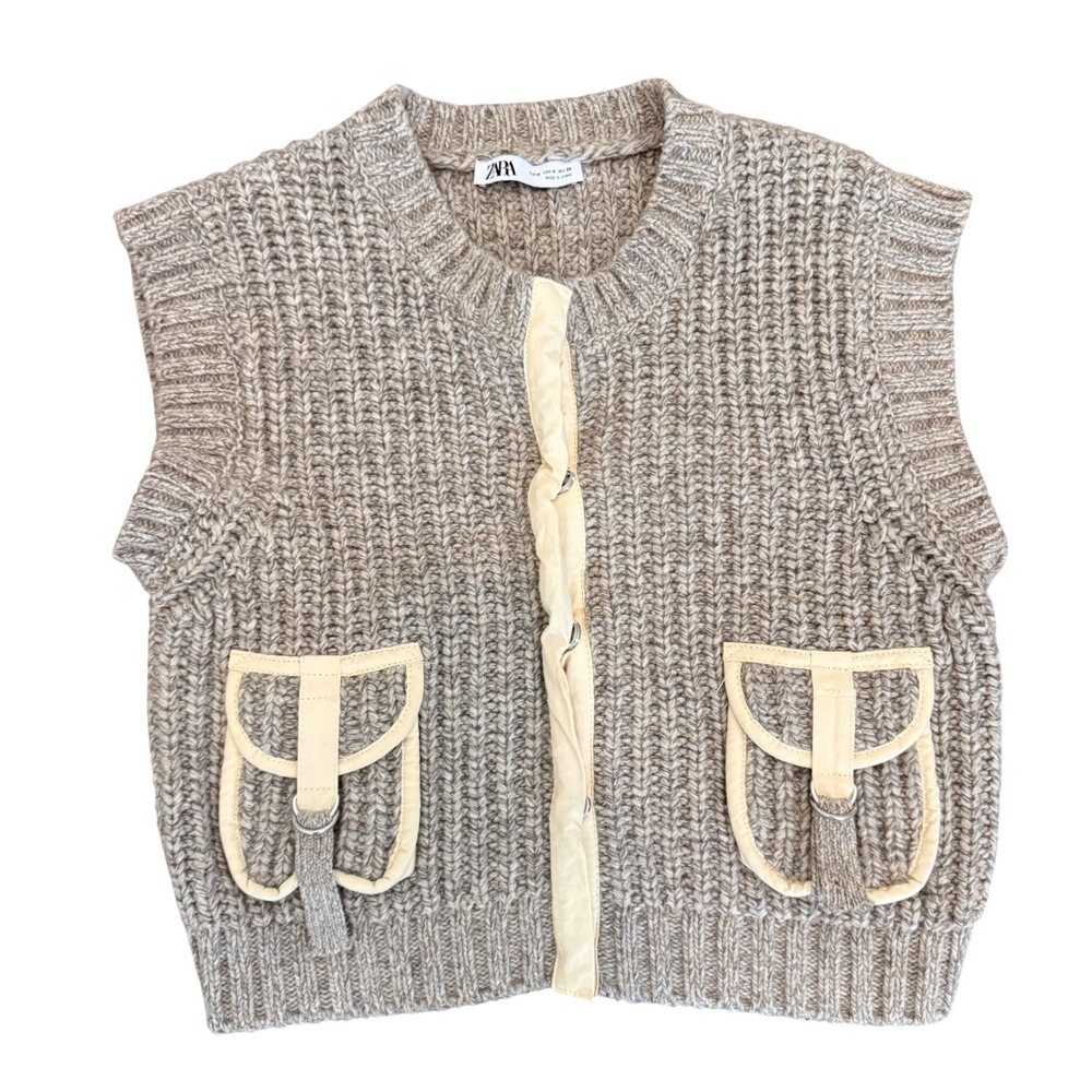 Zara Womens Taupe Cotton Linen Chunky Knit Utility Sweater Vest D-Ring Pockets M